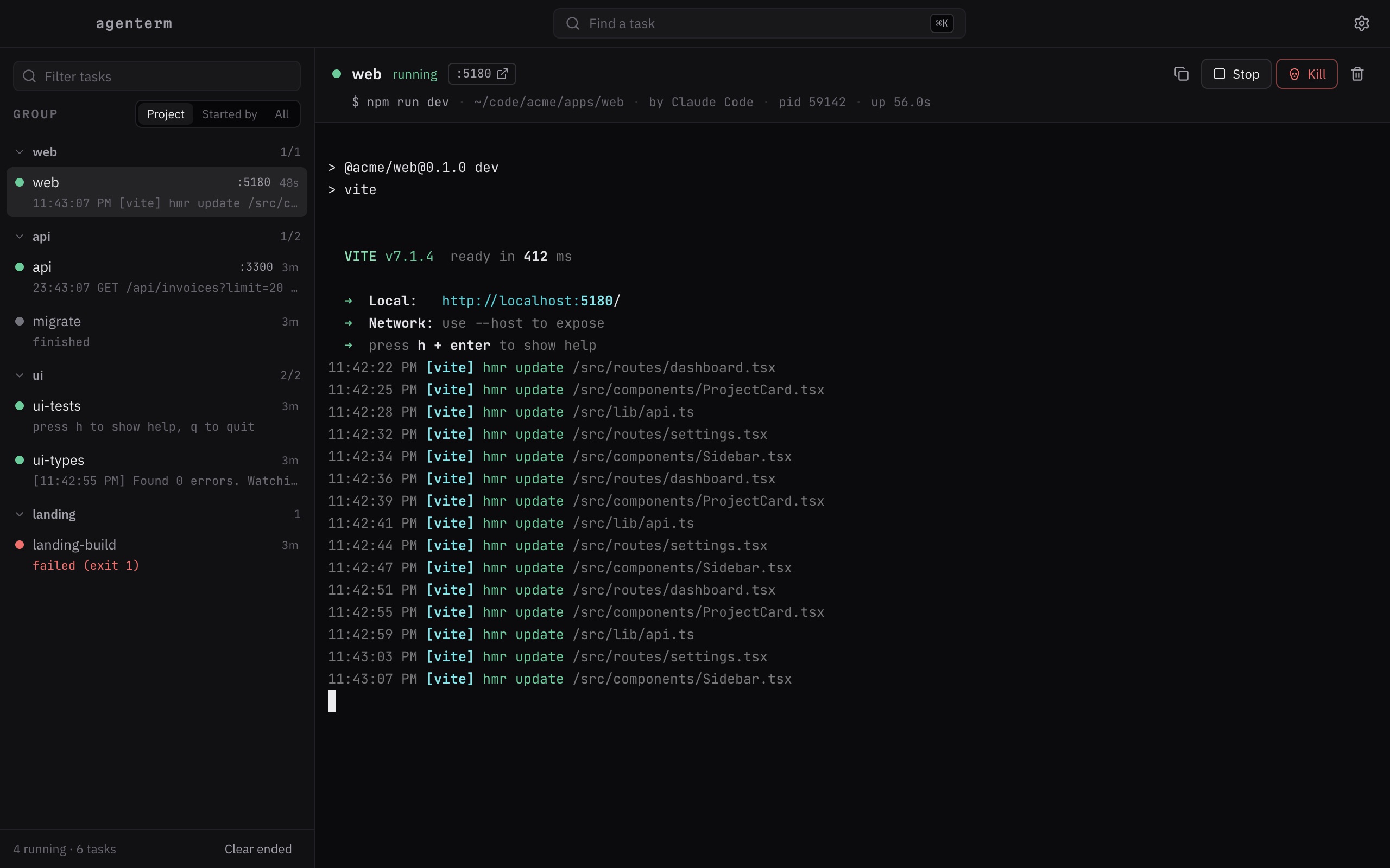 The agenterm app: tasks grouped by project on the left, a Vite dev server's live terminal on the right