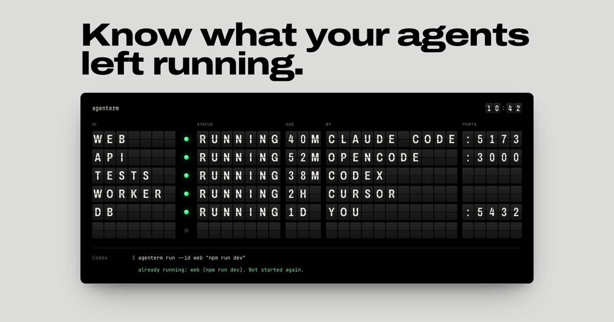 I built agenterm to see every dev server and watcher my agents leave running (free, open source)